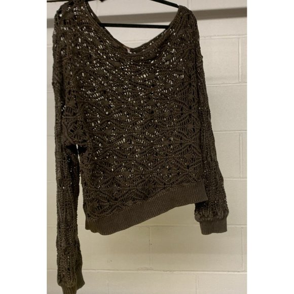 NEW Free People Bittersweet Brown Off Shoulder Crochet Sweater Open Knit - Large - Picture 2 of 6